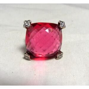 David Yurman Sterling Silver 20MM Pink Tourmaline Point on Cushion Ring Sz 6.50